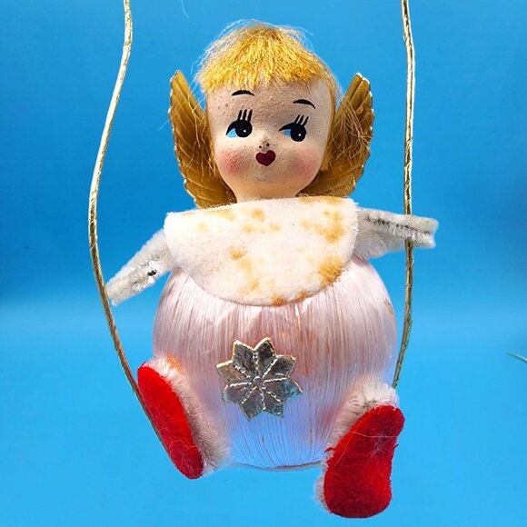 Vintage 1960s Satin Ball Angel Ornament Foil Wings Spun Cotton Composite Face v4 - Picture 2 of 8